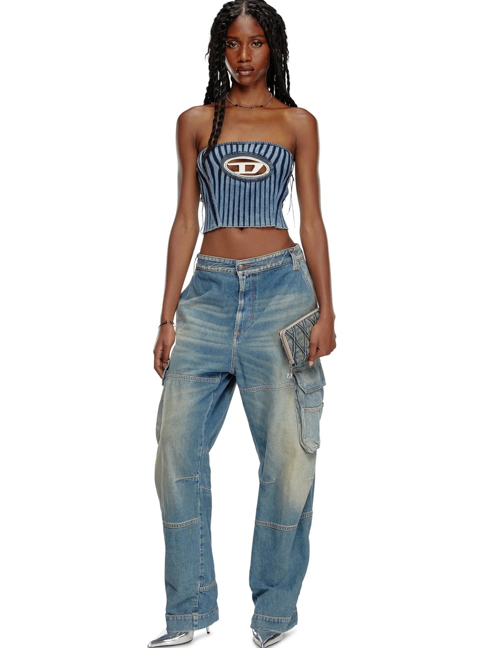 Diesel Blue Striped Ribbed Strapless Crop Tank